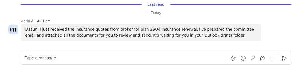 Merlo AI will draft committee email with insurance quotes and inform strata manager