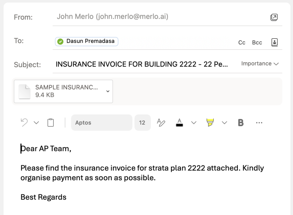 Merlo AI instantly draft the email with invoice to the accounts payable team.