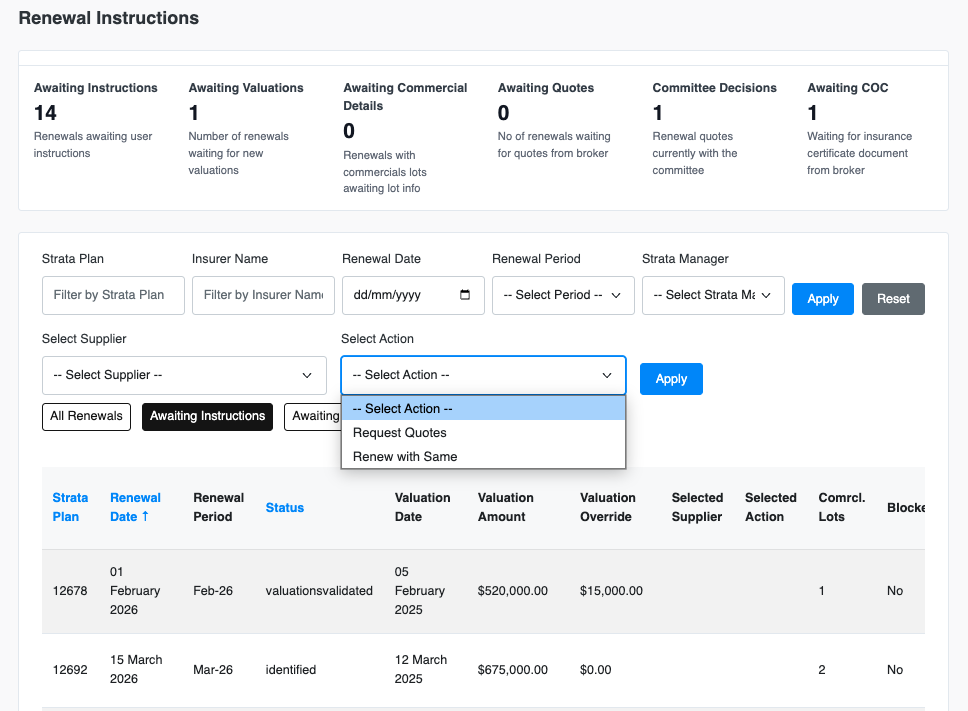 Merlo AI Dashboard insurance renewal instructions page where strata manager provide instruction to Merlo AI